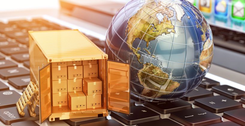 Global freight transportation business, cargo container with cardboard boxes and Earth globe on laptop